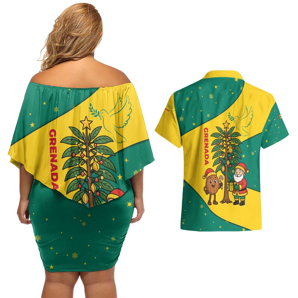 Grenada Christmas Couples Matching Off Shoulder Short Dress and Hawaiian Shirt with Santa Nutmeg Tree Peace Dove and Festive Gift Design - Wonder Print Shop