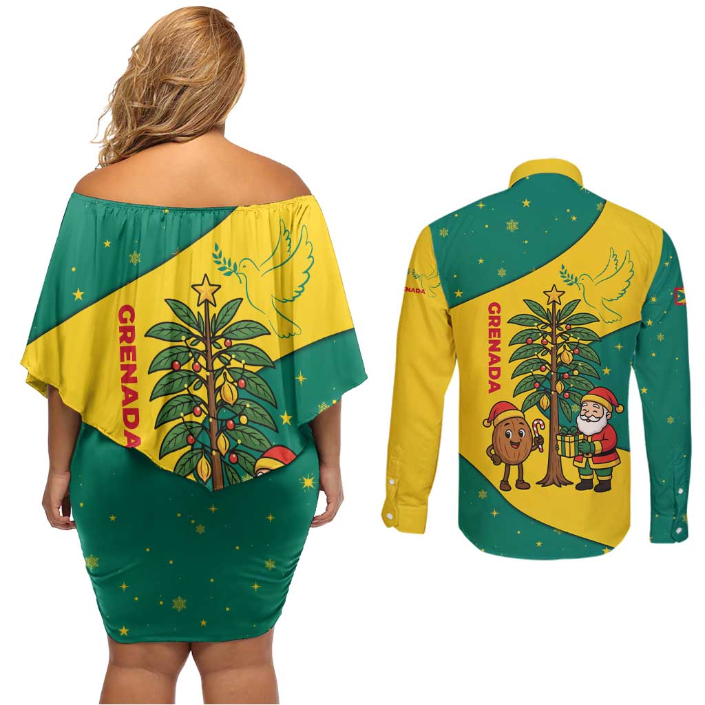 Grenada Christmas Couples Matching Off Shoulder Short Dress and Long Sleeve Button Shirt with Santa Nutmeg Tree Peace Dove and Festive Gift Design - Wonder Print Shop