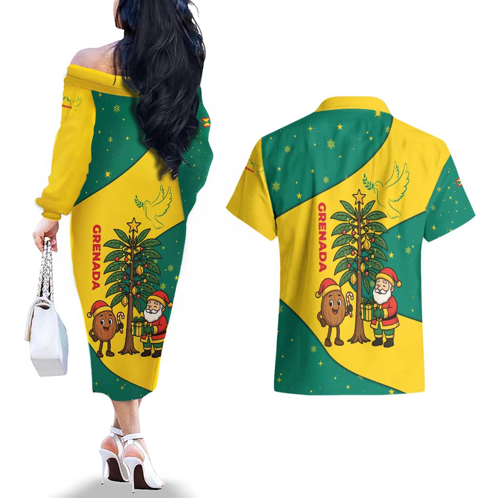 Grenada Christmas Couples Matching Off The Shoulder Long Sleeve Dress and Hawaiian Shirt with Santa Nutmeg Tree Peace Dove and Festive Gift Design - Wonder Print Shop