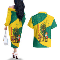 Grenada Christmas Couples Matching Off The Shoulder Long Sleeve Dress and Hawaiian Shirt with Santa Nutmeg Tree Peace Dove and Festive Gift Design - Wonder Print Shop
