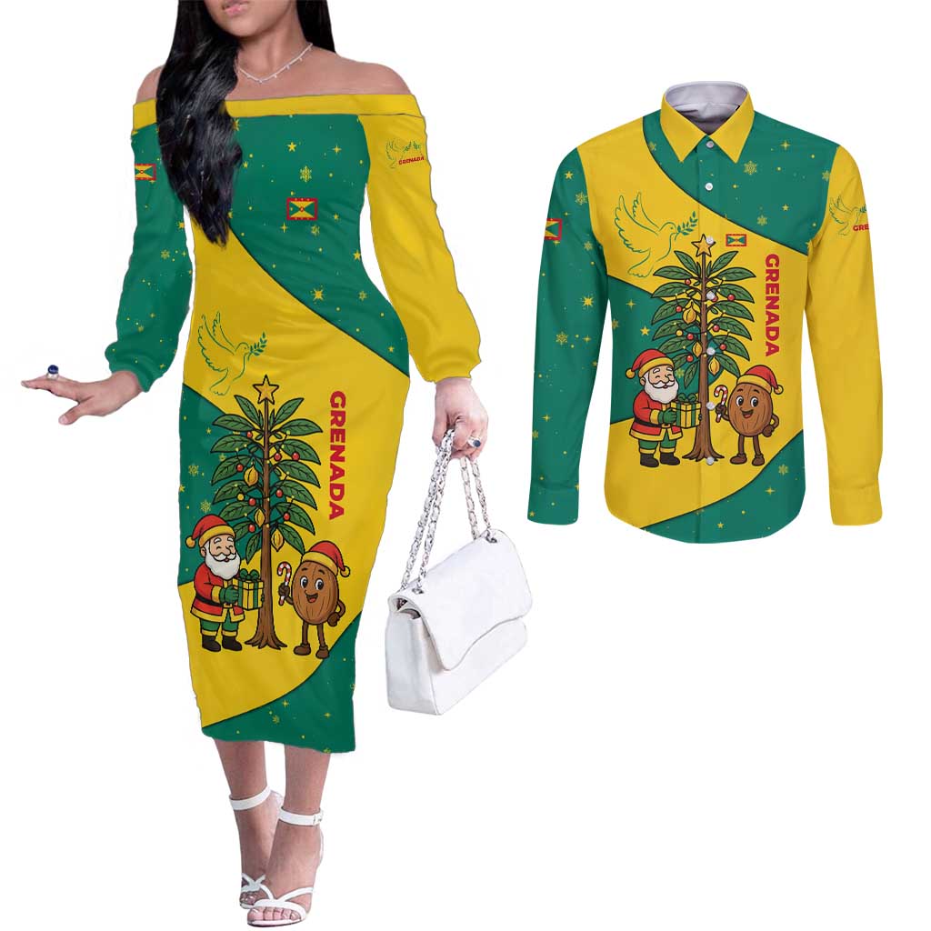 Grenada Christmas Couples Matching Off The Shoulder Long Sleeve Dress and Long Sleeve Button Shirt with Santa Nutmeg Tree Peace Dove and Festive Gift Design - Wonder Print Shop