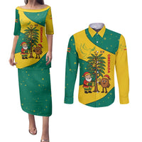 Grenada Christmas Couples Matching Puletasi and Long Sleeve Button Shirt with Santa Nutmeg Tree Peace Dove and Festive Gift Design - Wonder Print Shop