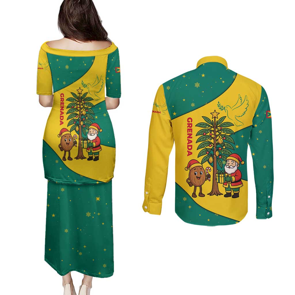 Grenada Christmas Couples Matching Puletasi and Long Sleeve Button Shirt with Santa Nutmeg Tree Peace Dove and Festive Gift Design - Wonder Print Shop