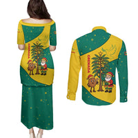 Grenada Christmas Couples Matching Puletasi and Long Sleeve Button Shirt with Santa Nutmeg Tree Peace Dove and Festive Gift Design - Wonder Print Shop