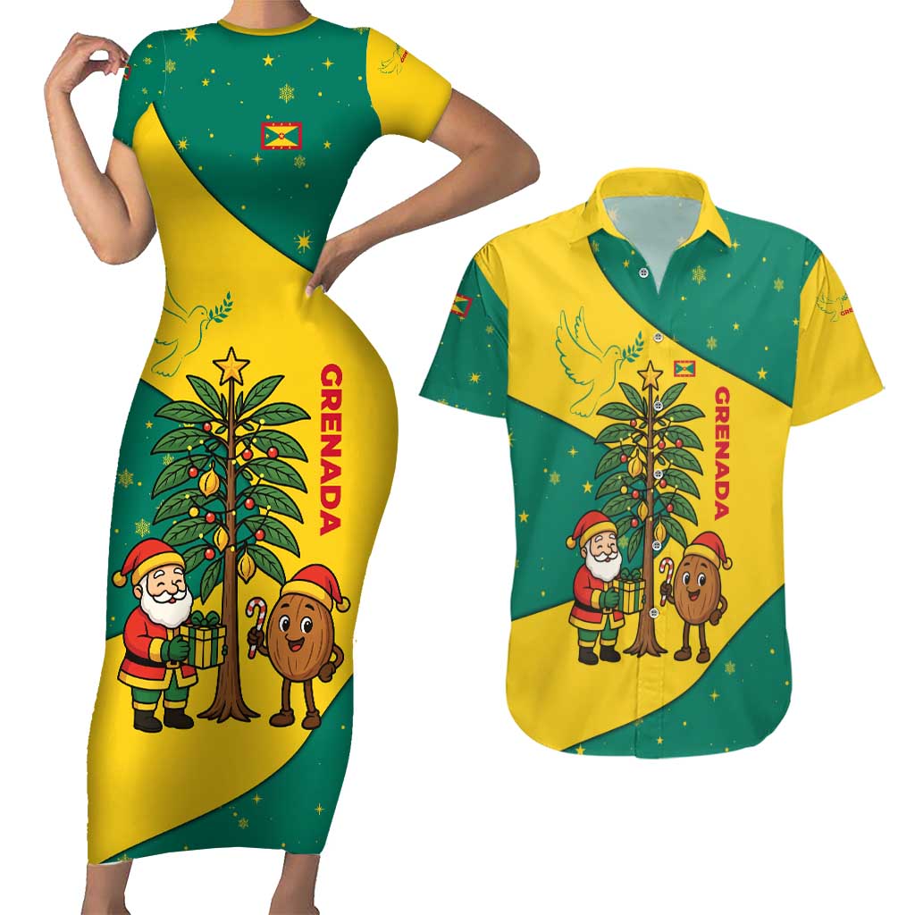 Grenada Christmas Couples Matching Short Sleeve Bodycon Dress and Hawaiian Shirt with Santa Nutmeg Tree Peace Dove and Festive Gift Design - Wonder Print Shop