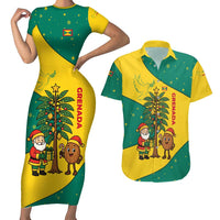 Grenada Christmas Couples Matching Short Sleeve Bodycon Dress and Hawaiian Shirt with Santa Nutmeg Tree Peace Dove and Festive Gift Design - Wonder Print Shop