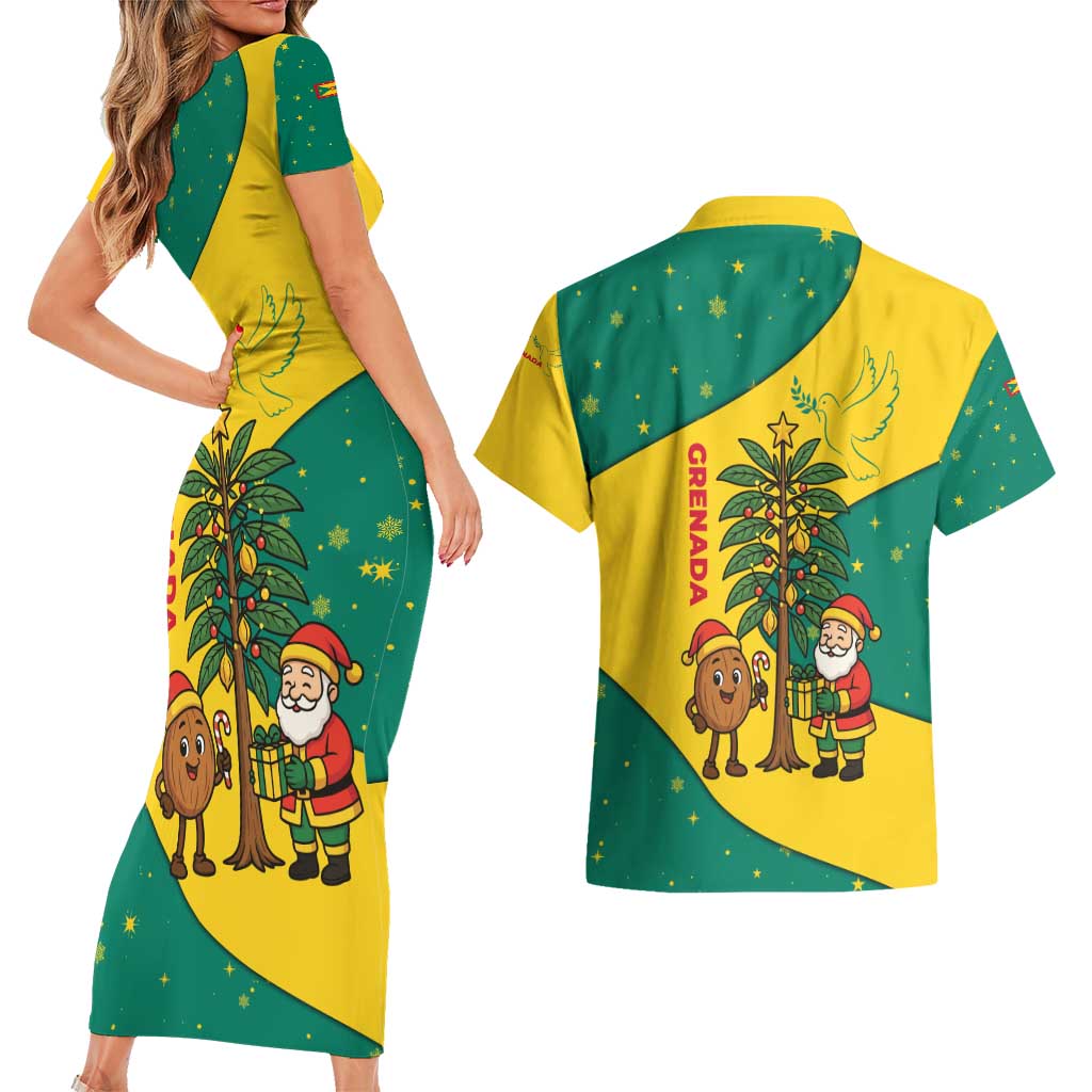Grenada Christmas Couples Matching Short Sleeve Bodycon Dress and Hawaiian Shirt with Santa Nutmeg Tree Peace Dove and Festive Gift Design - Wonder Print Shop