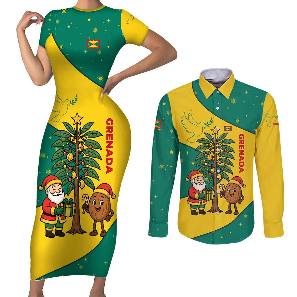 Grenada Christmas Couples Matching Short Sleeve Bodycon Dress and Long Sleeve Button Shirt with Santa Nutmeg Tree Peace Dove and Festive Gift Design - Wonder Print Shop