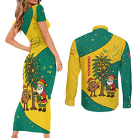 Grenada Christmas Couples Matching Short Sleeve Bodycon Dress and Long Sleeve Button Shirt with Santa Nutmeg Tree Peace Dove and Festive Gift Design - Wonder Print Shop