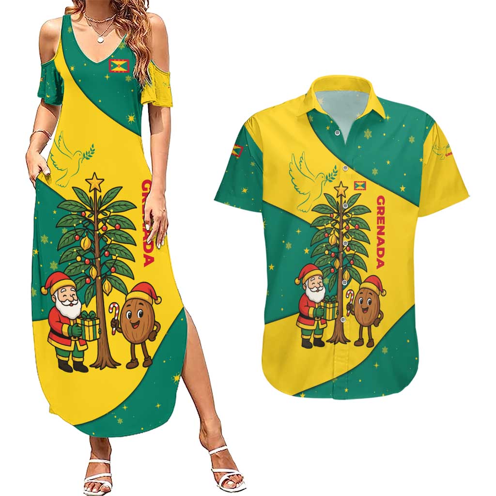 Grenada Christmas Couples Matching Summer Maxi Dress and Hawaiian Shirt with Santa Nutmeg Tree Peace Dove and Festive Gift Design - Wonder Print Shop