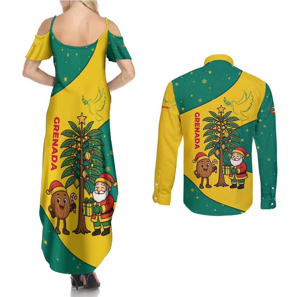 Grenada Christmas Couples Matching Summer Maxi Dress and Long Sleeve Button Shirt with Santa Nutmeg Tree Peace Dove and Festive Gift Design - Wonder Print Shop