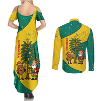 Grenada Christmas Couples Matching Summer Maxi Dress and Long Sleeve Button Shirt with Santa Nutmeg Tree Peace Dove and Festive Gift Design - Wonder Print Shop