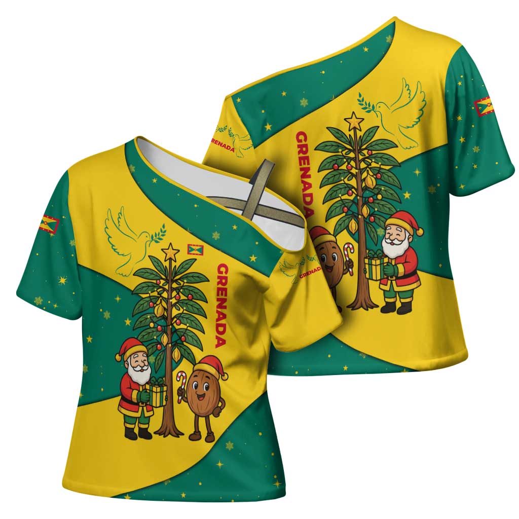 Grenada Christmas Cross Shoulder Shirt with Santa Nutmeg Tree Peace Dove and Festive Gift Design - Wonder Print Shop