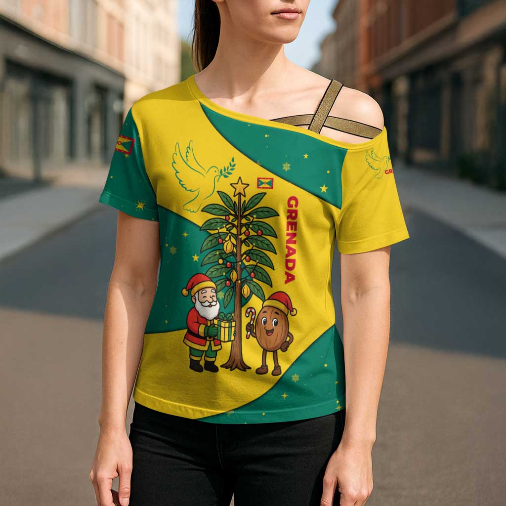 Grenada Christmas Cross Shoulder Shirt with Santa Nutmeg Tree Peace Dove and Festive Gift Design - Wonder Print Shop