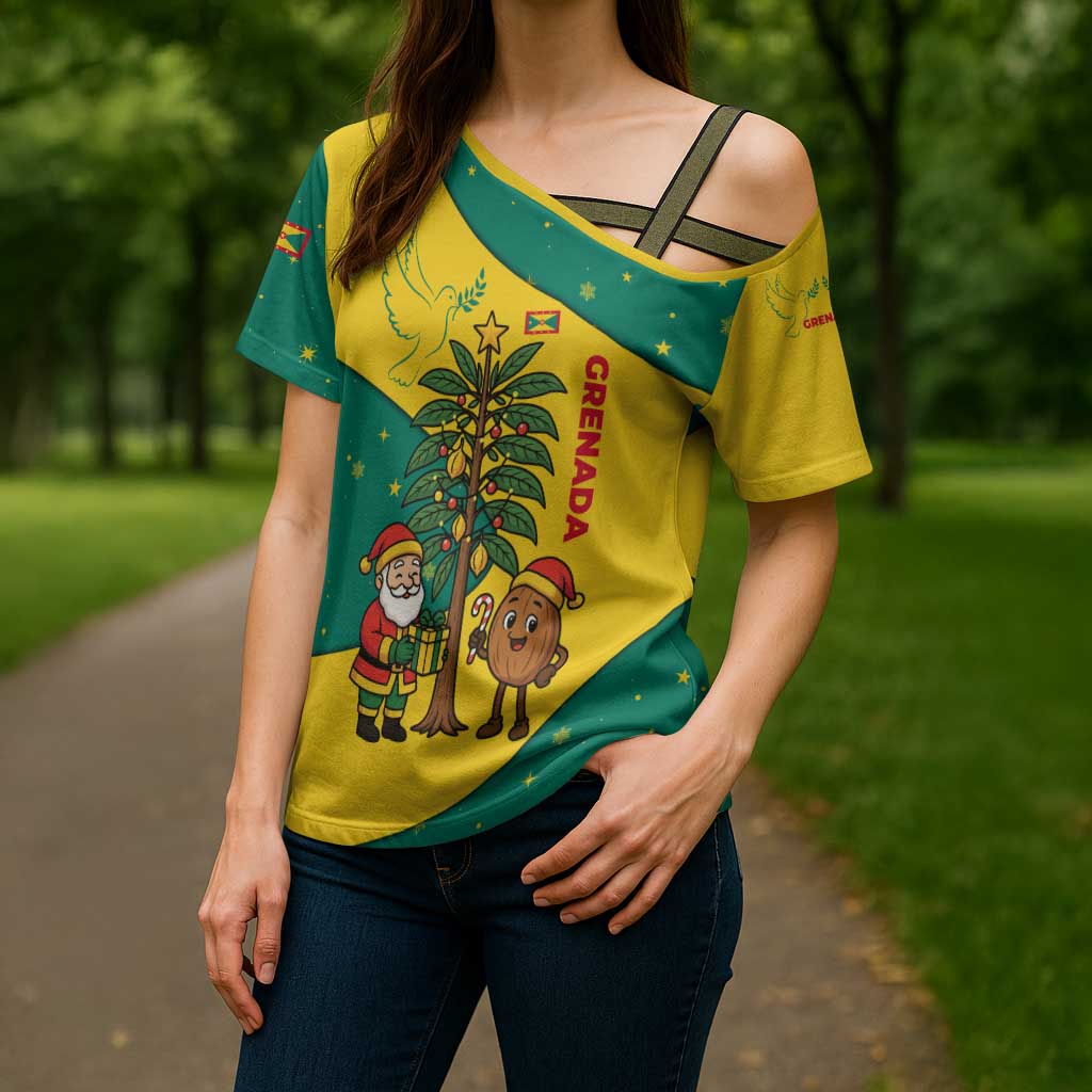Grenada Christmas Cross Shoulder Shirt with Santa Nutmeg Tree Peace Dove and Festive Gift Design - Wonder Print Shop