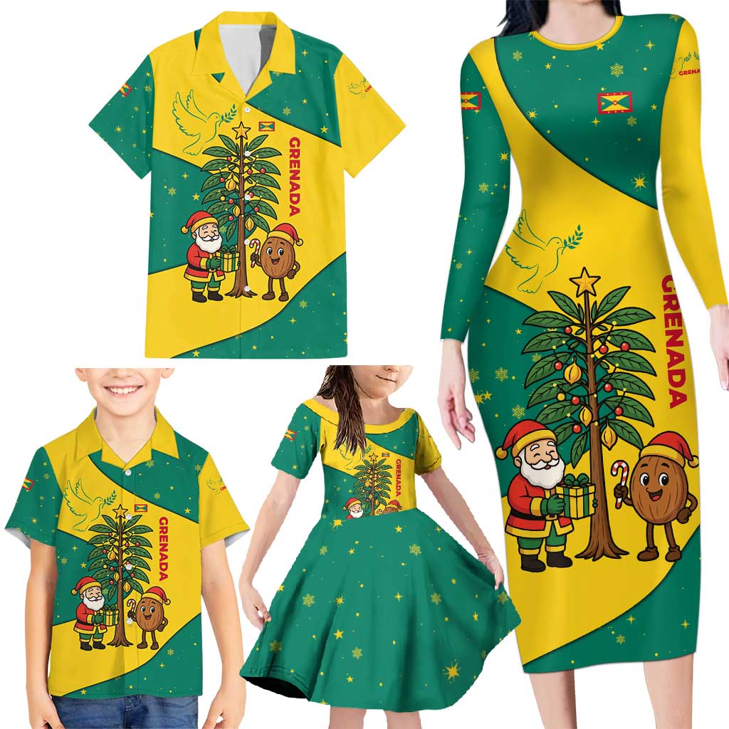 Grenada Christmas Family Matching Long Sleeve Bodycon Dress and Hawaiian Shirt with Santa Nutmeg Tree Peace Dove and Festive Gift Design - Wonder Print Shop