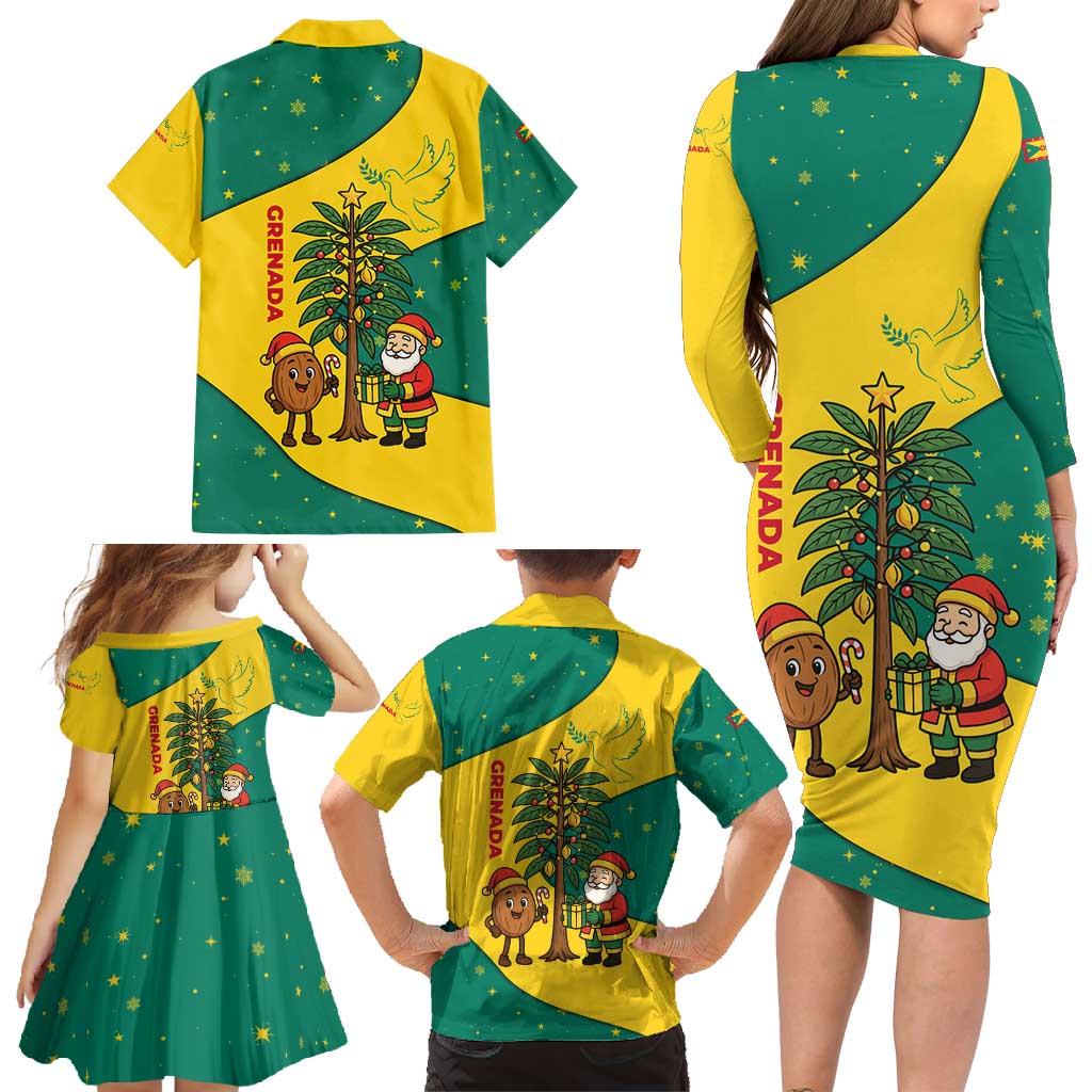 Grenada Christmas Family Matching Long Sleeve Bodycon Dress and Hawaiian Shirt with Santa Nutmeg Tree Peace Dove and Festive Gift Design - Wonder Print Shop