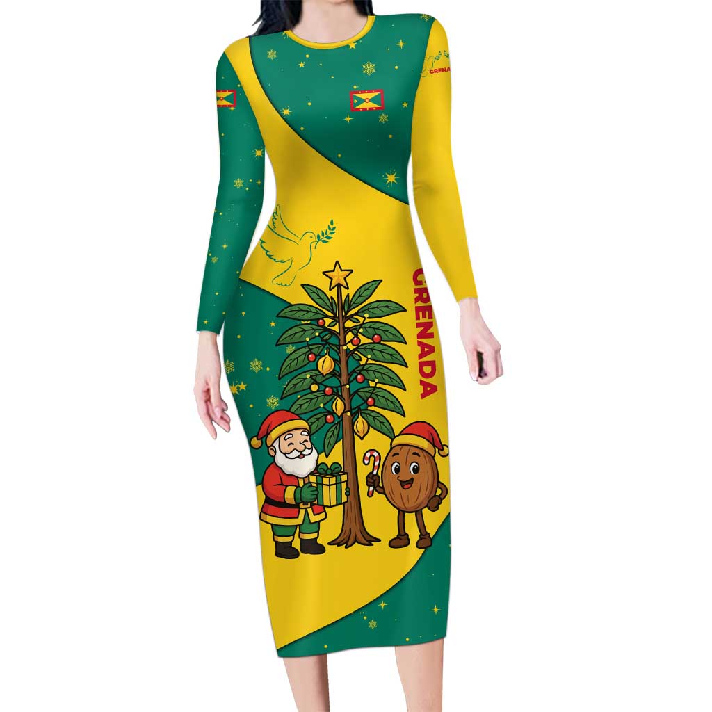 Grenada Christmas Family Matching Long Sleeve Bodycon Dress and Hawaiian Shirt with Santa Nutmeg Tree Peace Dove and Festive Gift Design - Wonder Print Shop