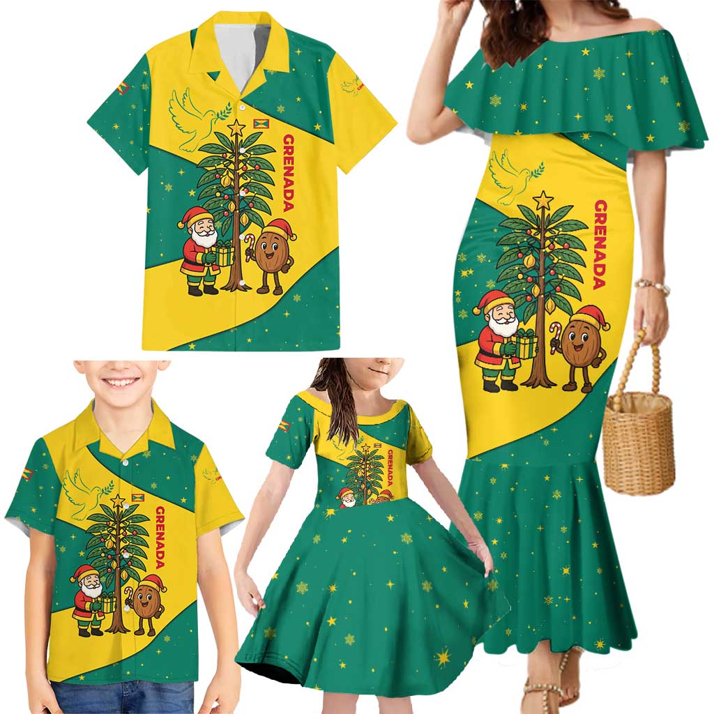 Grenada Christmas Family Matching Mermaid Dress and Hawaiian Shirt with Santa Nutmeg Tree Peace Dove and Festive Gift Design - Wonder Print Shop