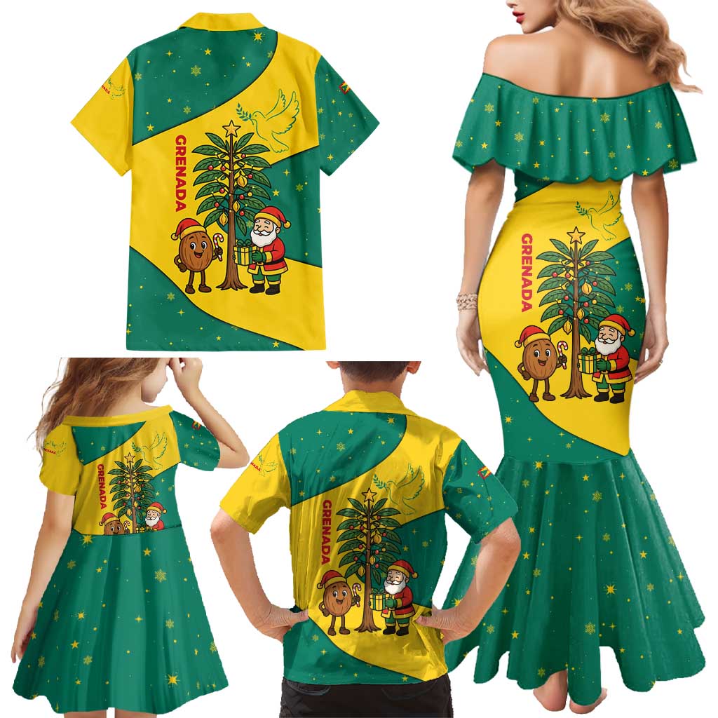 Grenada Christmas Family Matching Mermaid Dress and Hawaiian Shirt with Santa Nutmeg Tree Peace Dove and Festive Gift Design - Wonder Print Shop