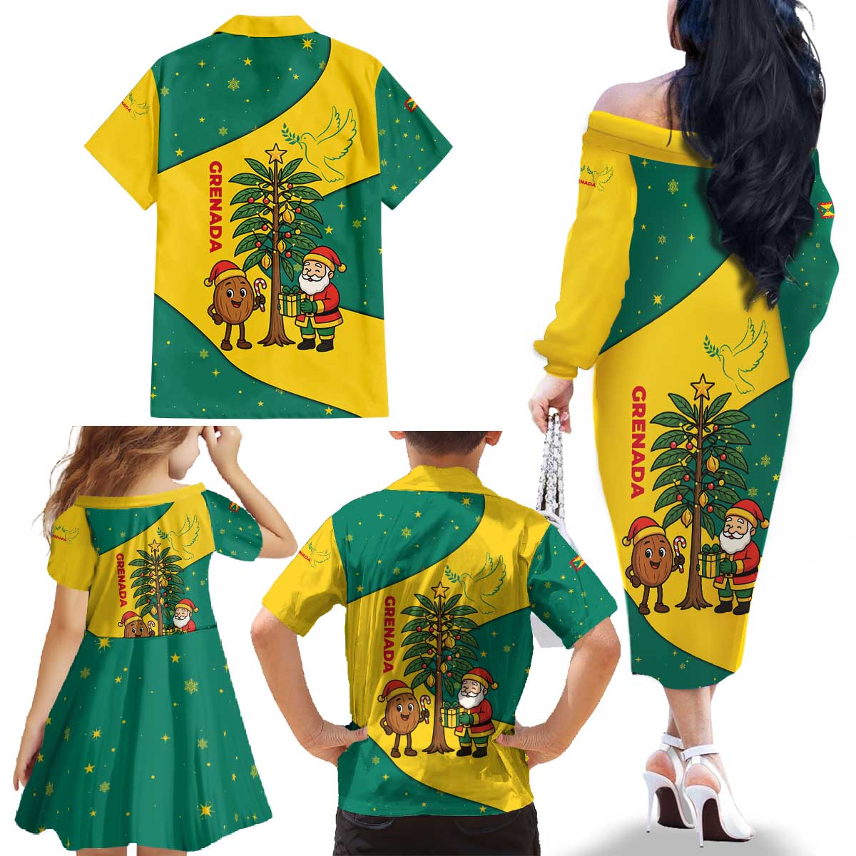 Grenada Christmas Family Matching Off The Shoulder Long Sleeve Dress and Hawaiian Shirt with Santa Nutmeg Tree Peace Dove and Festive Gift Design - Wonder Print Shop