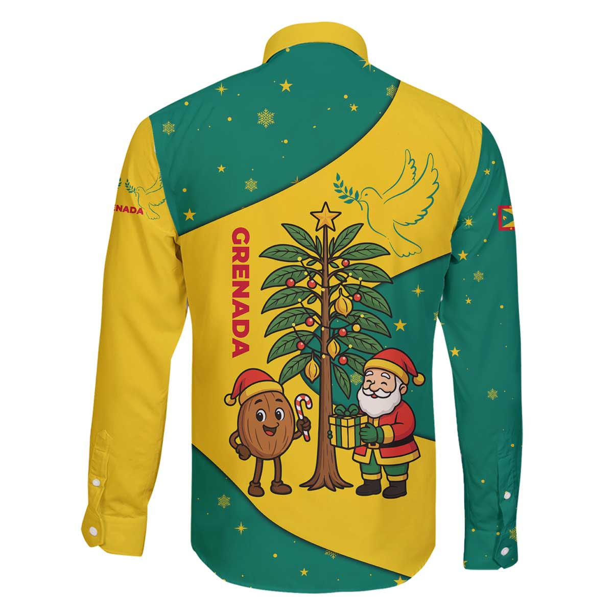 Grenada Christmas Family Matching Off The Shoulder Long Sleeve Dress and Hawaiian Shirt with Santa Nutmeg Tree Peace Dove and Festive Gift Design - Wonder Print Shop