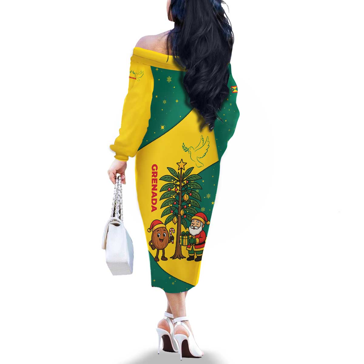Grenada Christmas Family Matching Off The Shoulder Long Sleeve Dress and Hawaiian Shirt with Santa Nutmeg Tree Peace Dove and Festive Gift Design - Wonder Print Shop