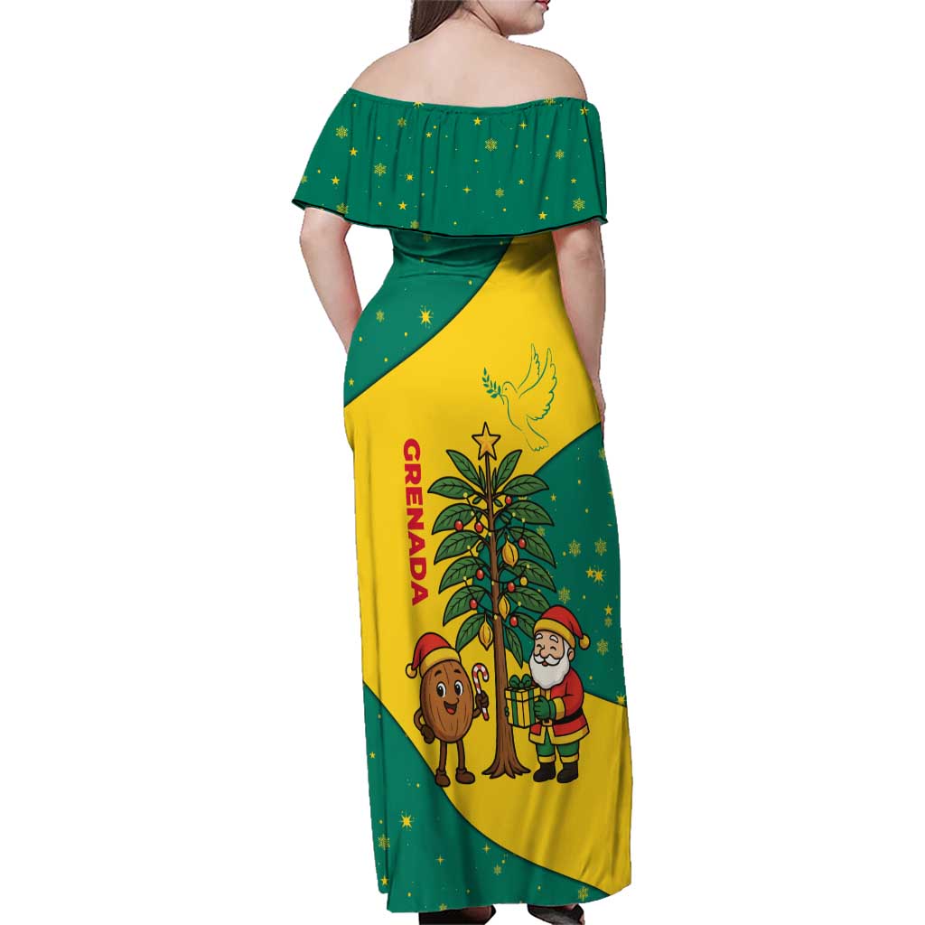 Grenada Christmas Family Matching Off Shoulder Maxi Dress and Hawaiian Shirt with Santa Nutmeg Tree Peace Dove and Festive Gift Design - Wonder Print Shop