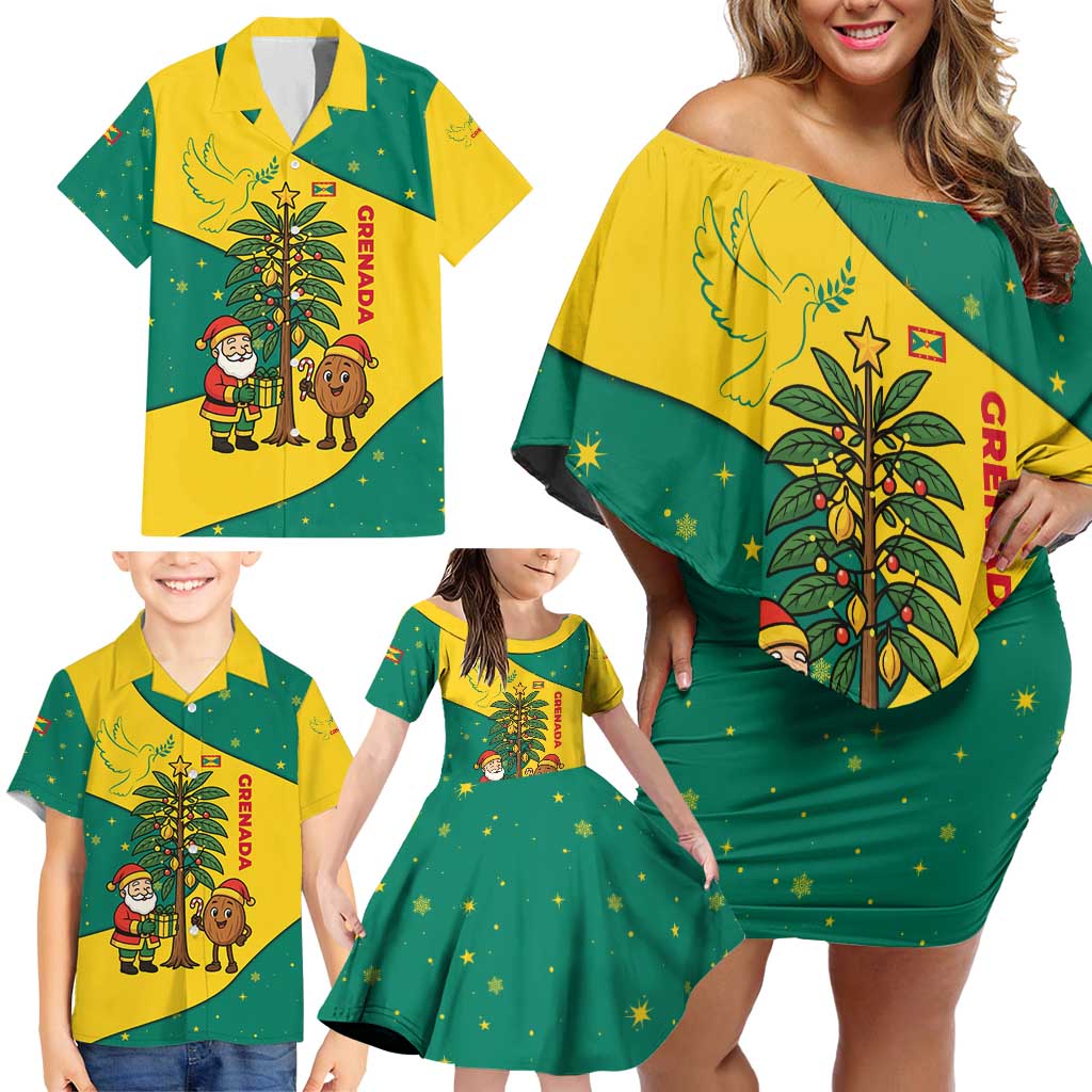 Grenada Christmas Family Matching Off Shoulder Short Dress and Hawaiian Shirt with Santa Nutmeg Tree Peace Dove and Festive Gift Design - Wonder Print Shop