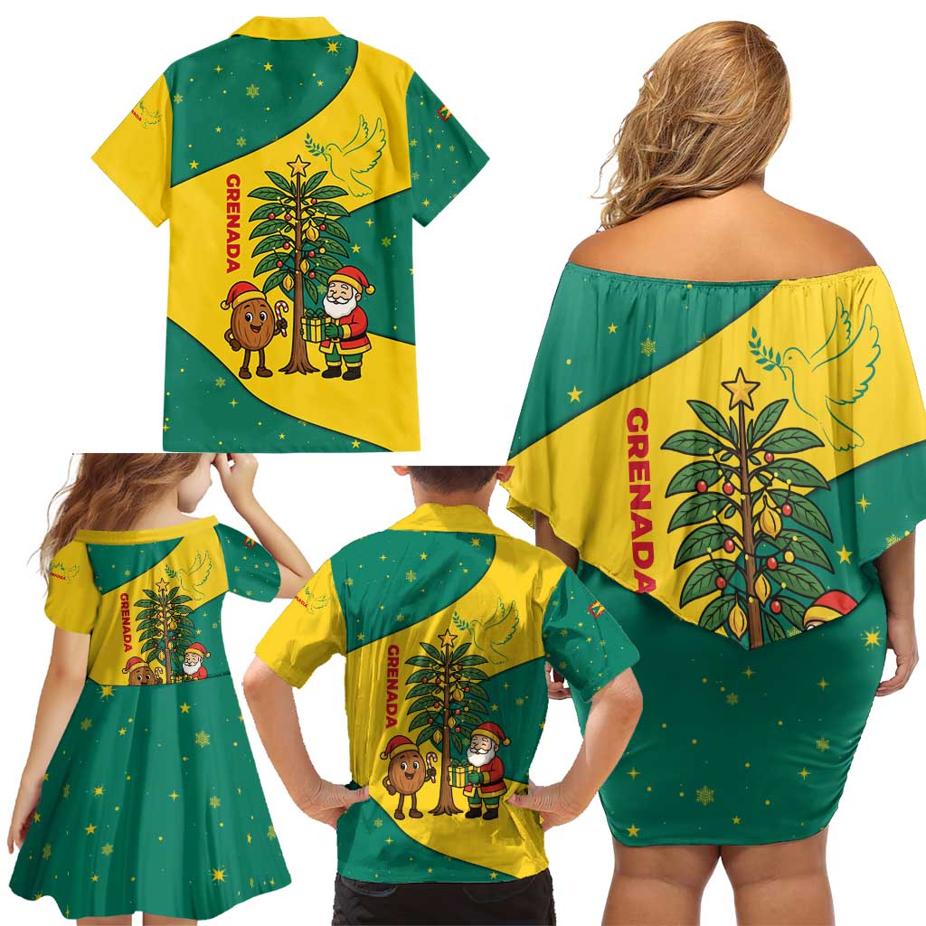 Grenada Christmas Family Matching Off Shoulder Short Dress and Hawaiian Shirt with Santa Nutmeg Tree Peace Dove and Festive Gift Design - Wonder Print Shop