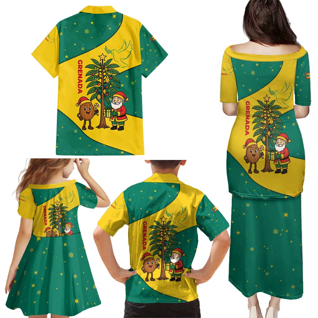 Grenada Christmas Family Matching Puletasi and Hawaiian Shirt with Santa Nutmeg Tree Peace Dove and Festive Gift Design - Wonder Print Shop