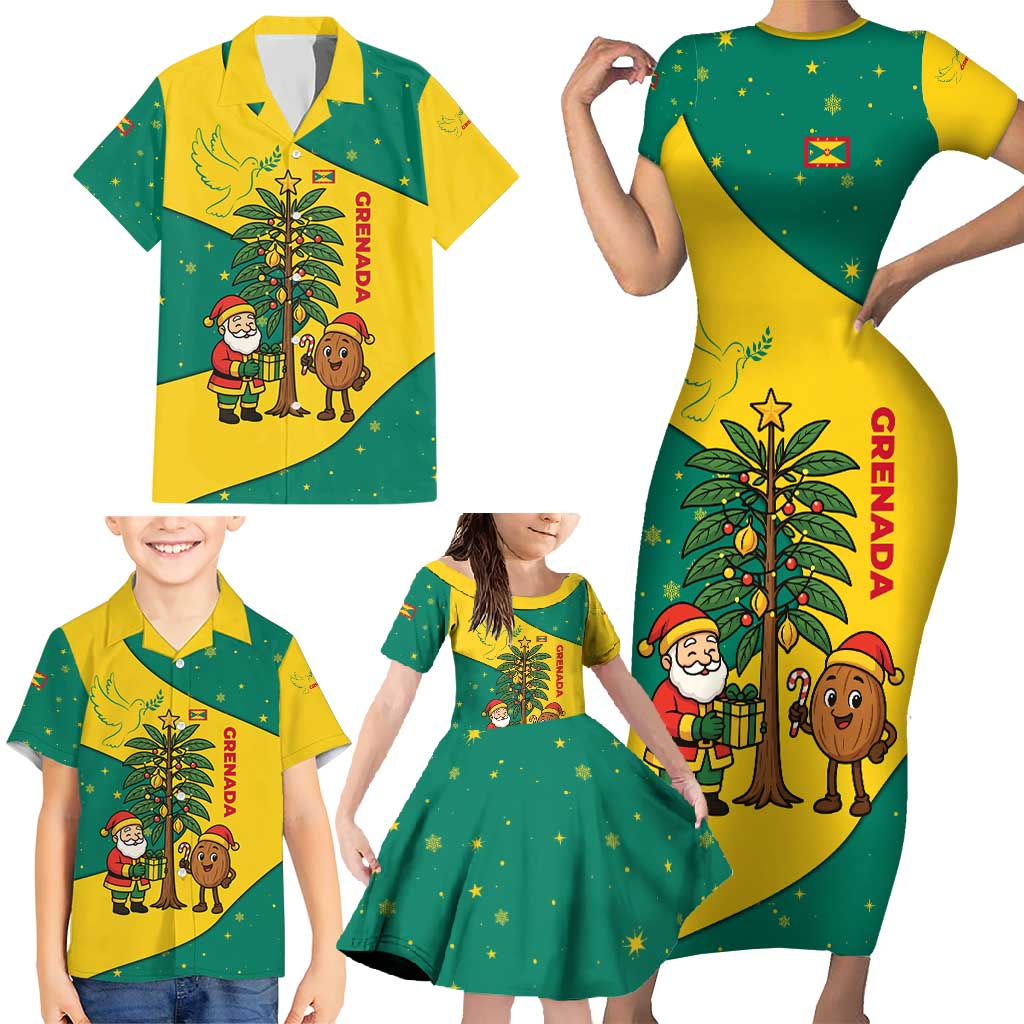 Grenada Christmas Family Matching Short Sleeve Bodycon Dress and Hawaiian Shirt with Santa Nutmeg Tree Peace Dove and Festive Gift Design - Wonder Print Shop