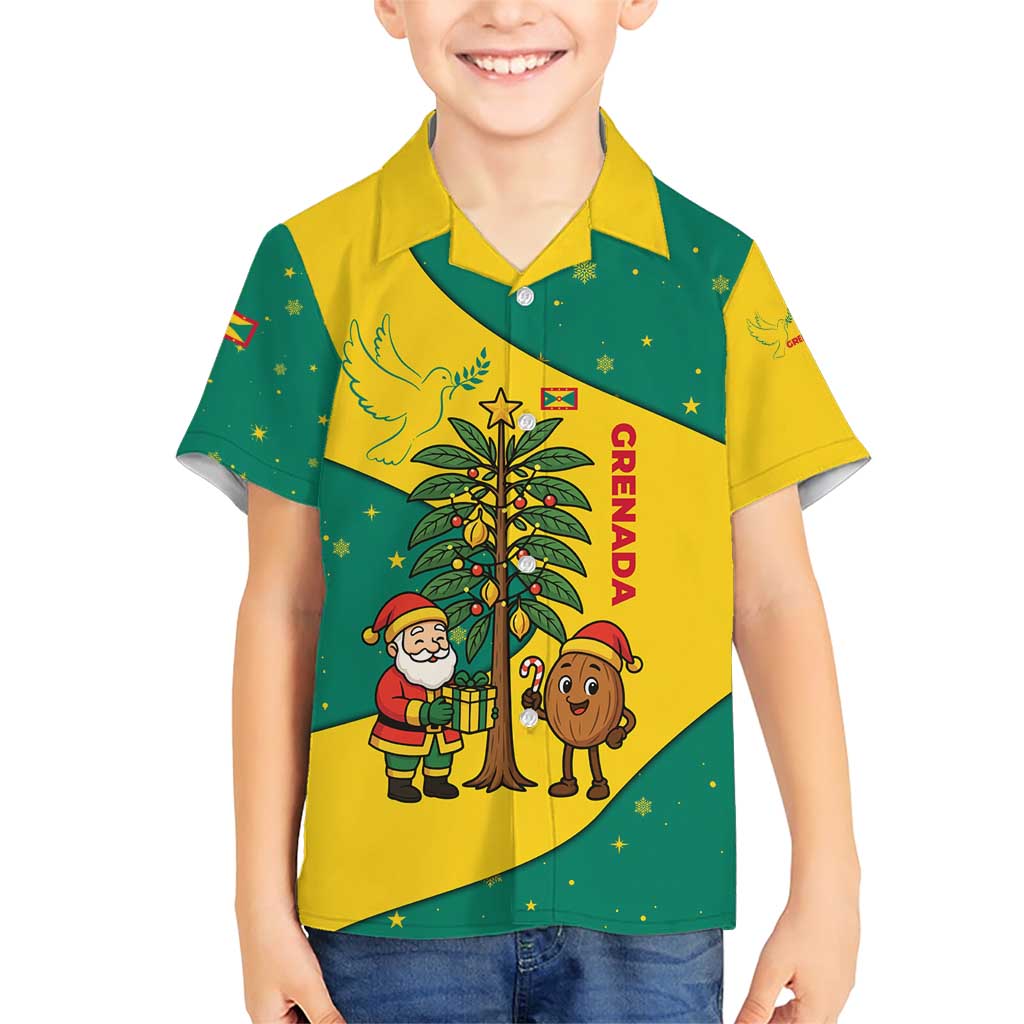 Grenada Christmas Family Matching Short Sleeve Bodycon Dress and Hawaiian Shirt with Santa Nutmeg Tree Peace Dove and Festive Gift Design - Wonder Print Shop