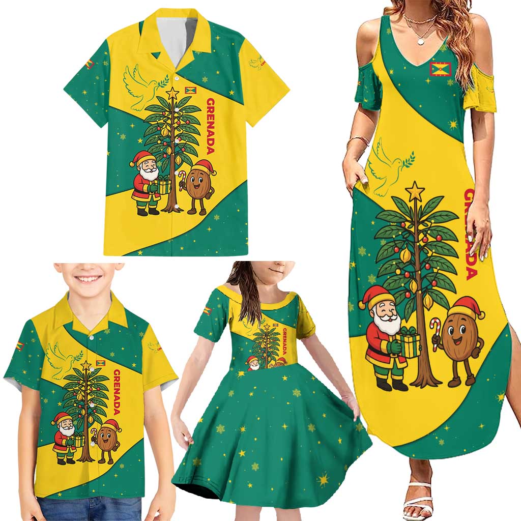 Grenada Christmas Family Matching Summer Maxi Dress and Hawaiian Shirt with Santa Nutmeg Tree Peace Dove and Festive Gift Design - Wonder Print Shop