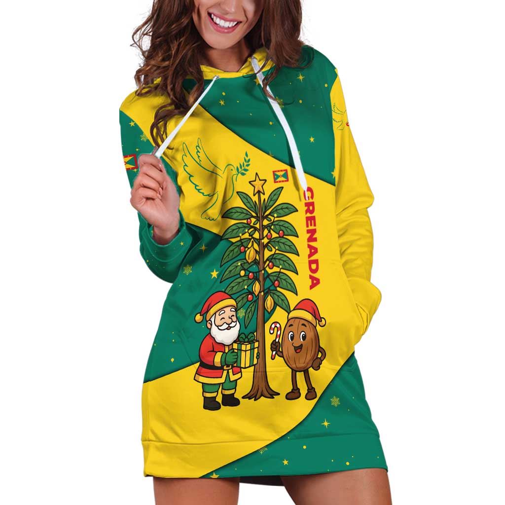 Grenada Christmas Hoodie Dress with Santa Nutmeg Tree Peace Dove and Festive Gift Design - Wonder Print Shop