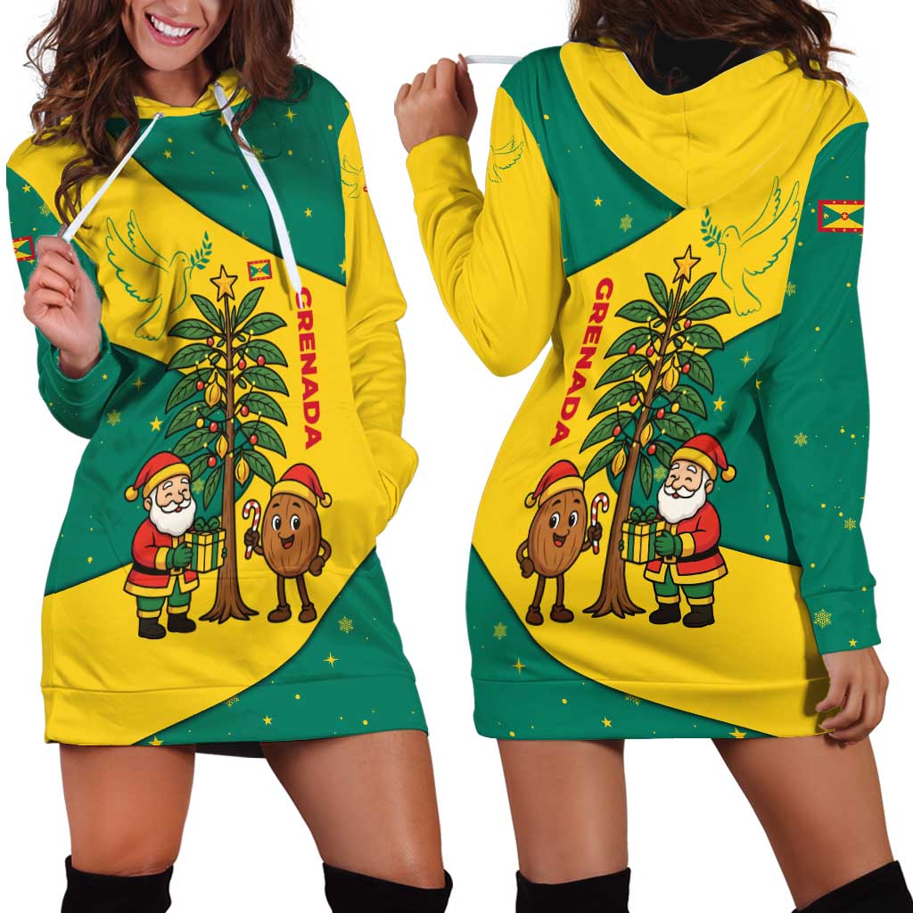 Grenada Christmas Hoodie Dress with Santa Nutmeg Tree Peace Dove and Festive Gift Design - Wonder Print Shop