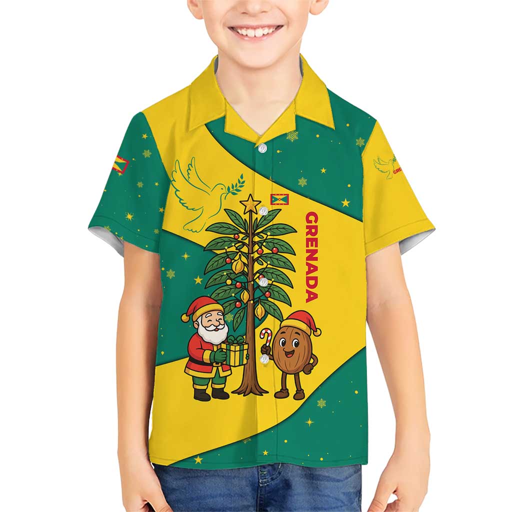 Grenada Christmas Kid Hawaiian Shirt with Santa Nutmeg Tree Peace Dove and Festive Gift Design - Wonder Print Shop
