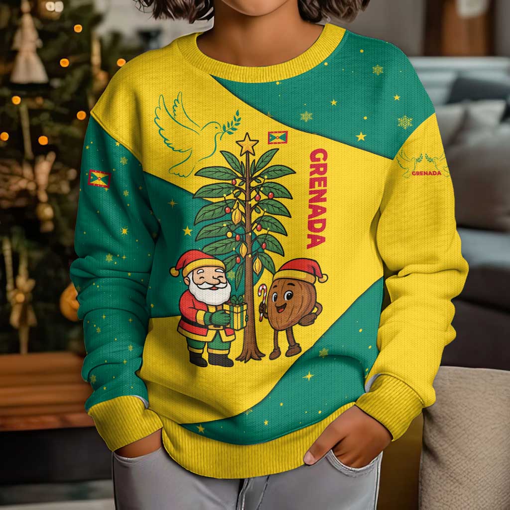 Grenada Christmas Kid Ugly Christmas Sweater with Santa Nutmeg Tree Peace Dove and Festive Gift Design - Wonder Print Shop