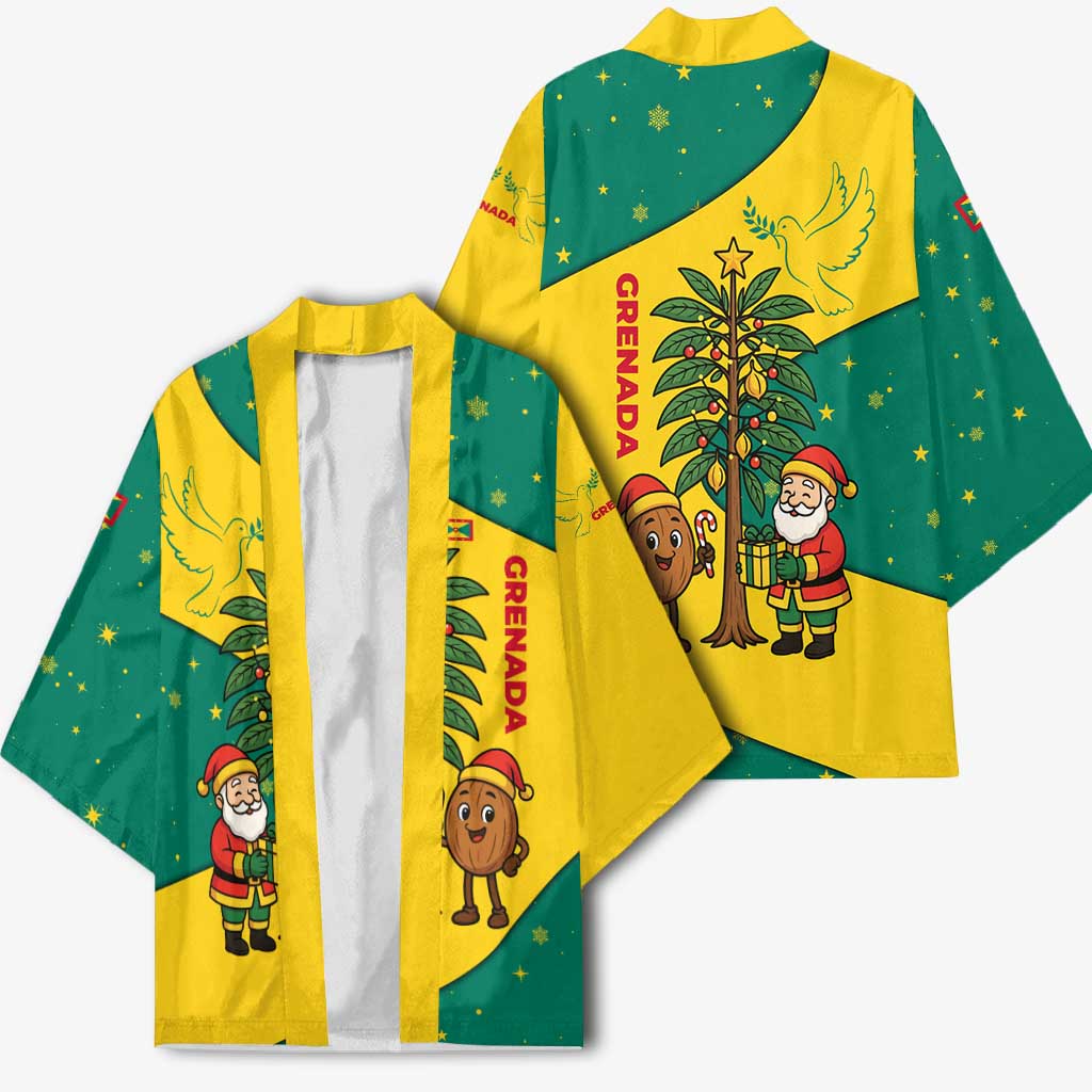 Grenada Christmas Kimono with Santa Nutmeg Tree Peace Dove and Festive Gift Design - Wonder Print Shop