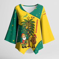 Grenada Christmas Kimono Sleeve Blouse with Santa Nutmeg Tree Peace Dove and Festive Gift Design - Wonder Print Shop