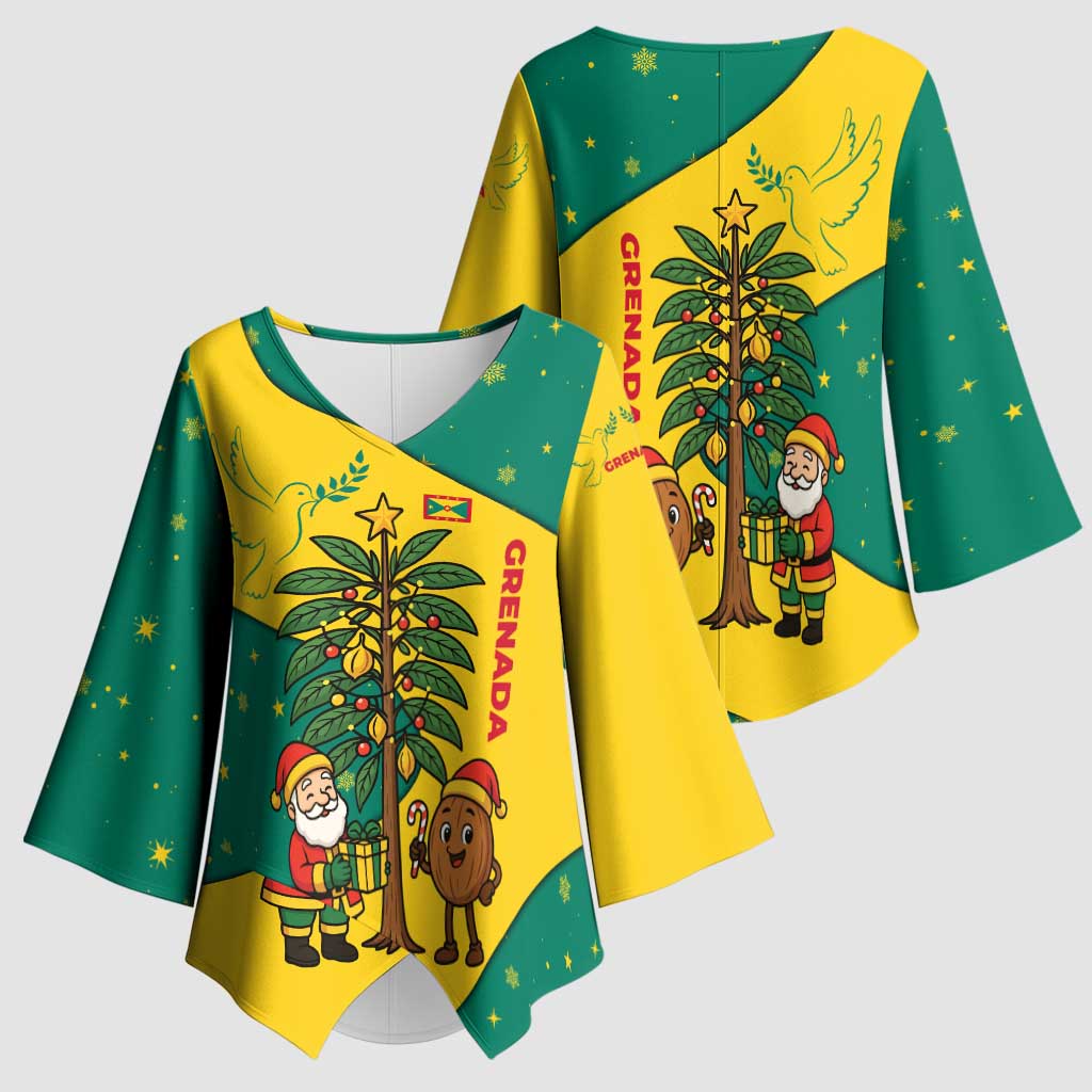 Grenada Christmas Kimono Sleeve Blouse with Santa Nutmeg Tree Peace Dove and Festive Gift Design - Wonder Print Shop