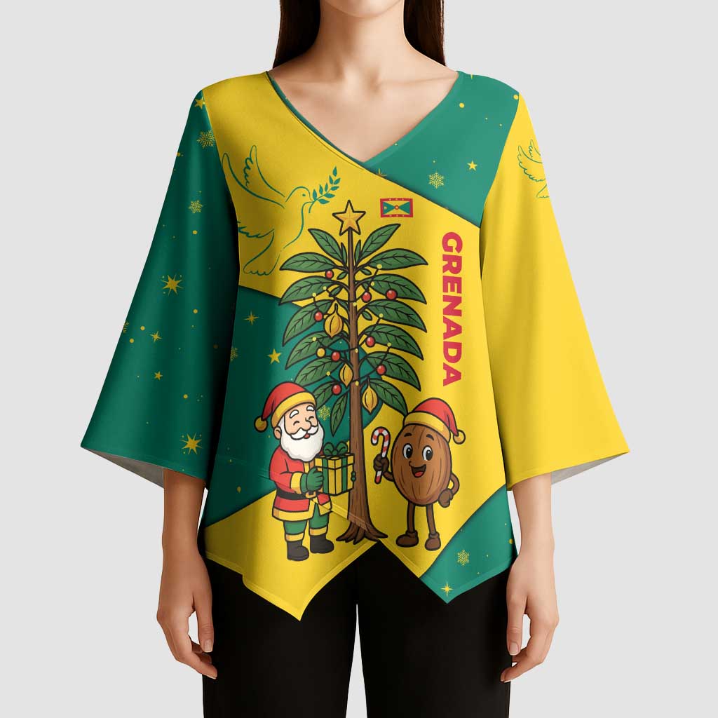 Grenada Christmas Kimono Sleeve Blouse with Santa Nutmeg Tree Peace Dove and Festive Gift Design - Wonder Print Shop
