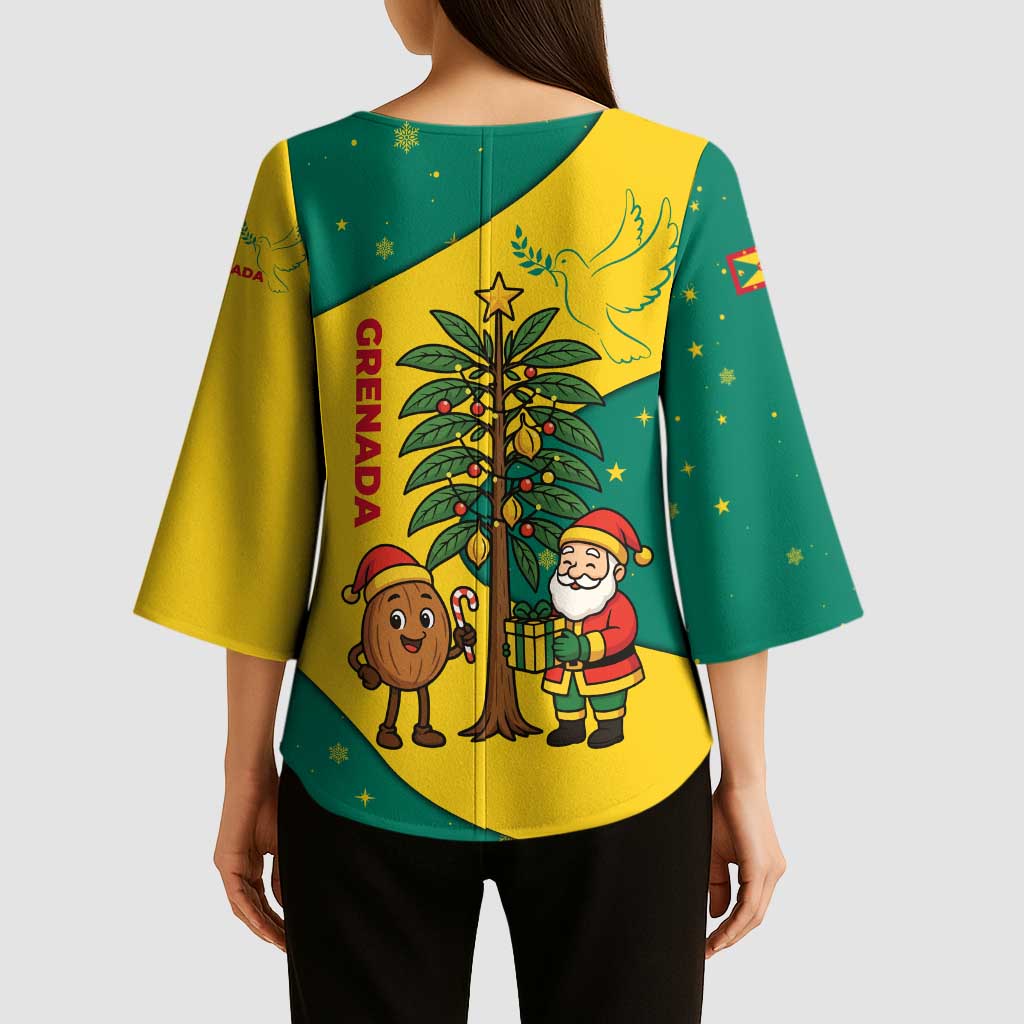 Grenada Christmas Kimono Sleeve Blouse with Santa Nutmeg Tree Peace Dove and Festive Gift Design - Wonder Print Shop