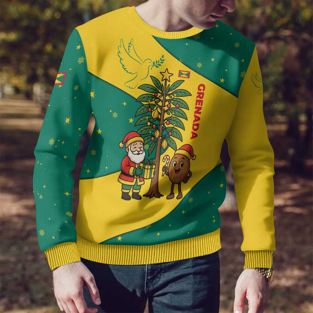 Grenada Christmas Ugly Christmas Sweater with Santa Nutmeg Tree Peace Dove and Festive Gift Design - Wonder Print Shop