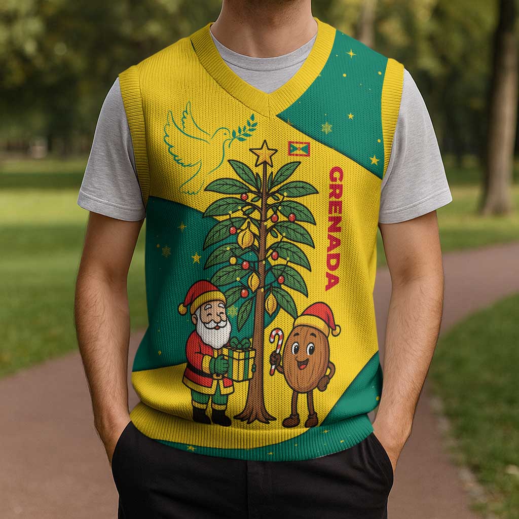 Grenada Christmas Knitted V-Neck Vest with Santa Nutmeg Tree Peace Dove and Festive Gift Design - Wonder Print Shop