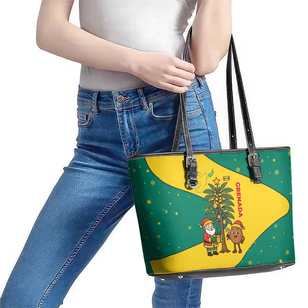 Grenada Christmas Leather Tote Bag with Santa Nutmeg Tree Peace Dove and Festive Gift Design - Wonder Print Shop