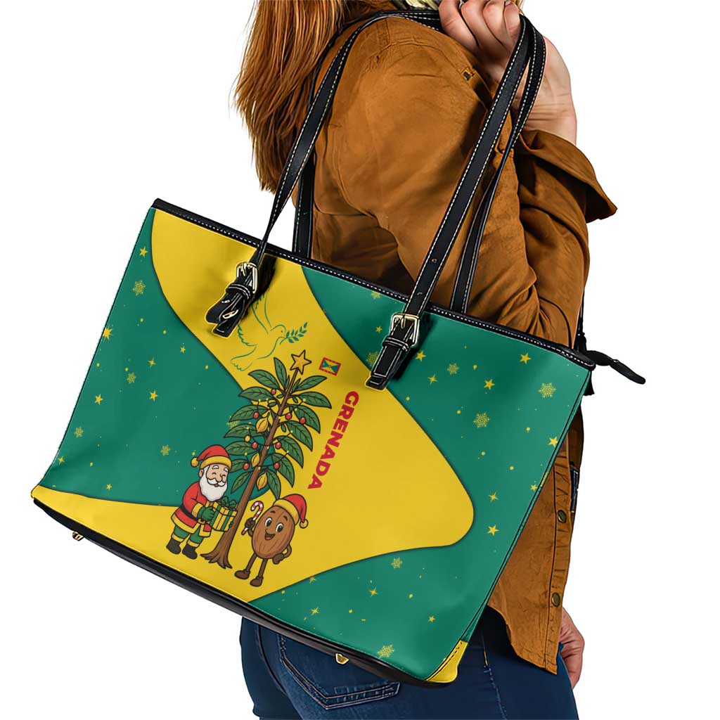 Grenada Christmas Leather Tote Bag with Santa Nutmeg Tree Peace Dove and Festive Gift Design - Wonder Print Shop