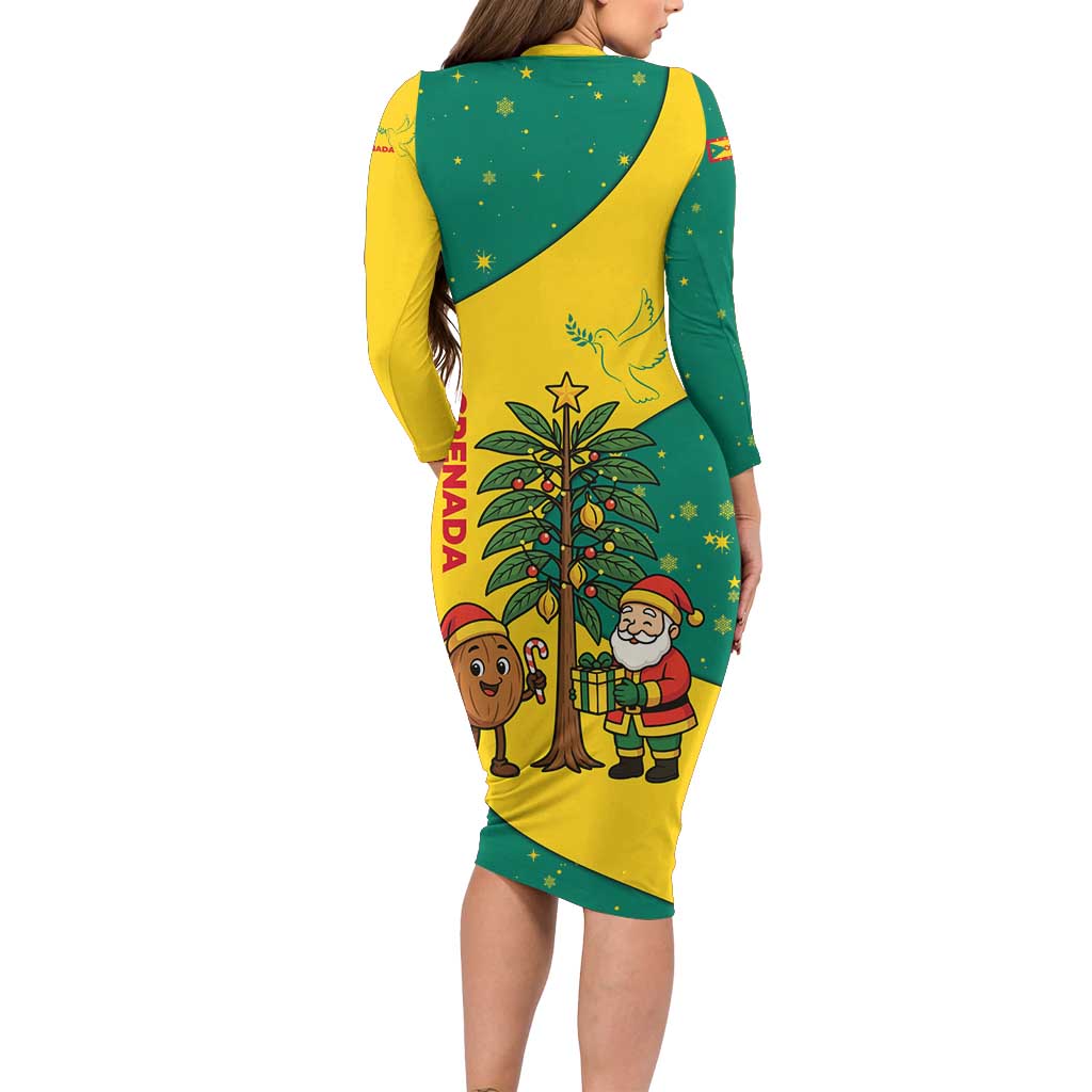 Grenada Christmas Long Sleeve Bodycon Dress with Santa Nutmeg Tree Peace Dove and Festive Gift Design - Wonder Print Shop