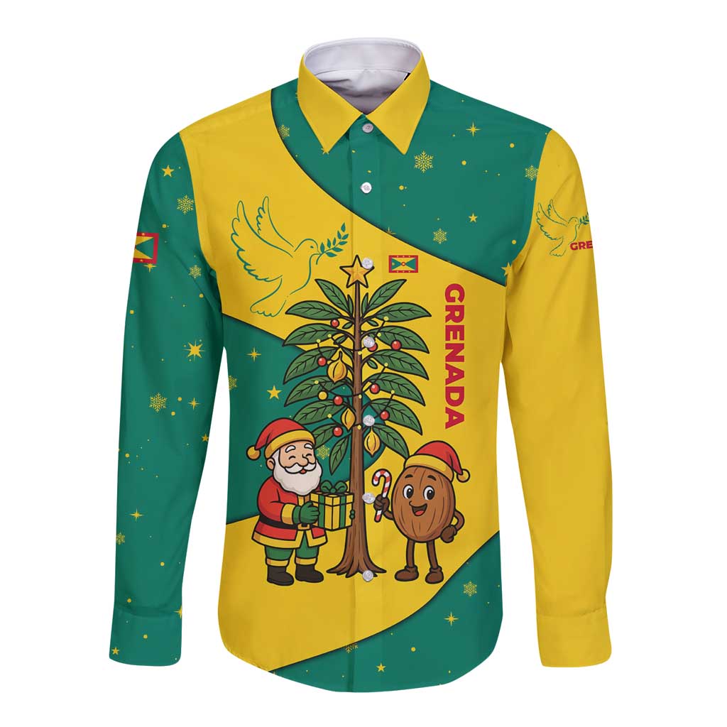 Grenada Christmas Long Sleeve Button Shirt with Santa Nutmeg Tree Peace Dove and Festive Gift Design - Wonder Print Shop