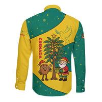 Grenada Christmas Long Sleeve Button Shirt with Santa Nutmeg Tree Peace Dove and Festive Gift Design - Wonder Print Shop